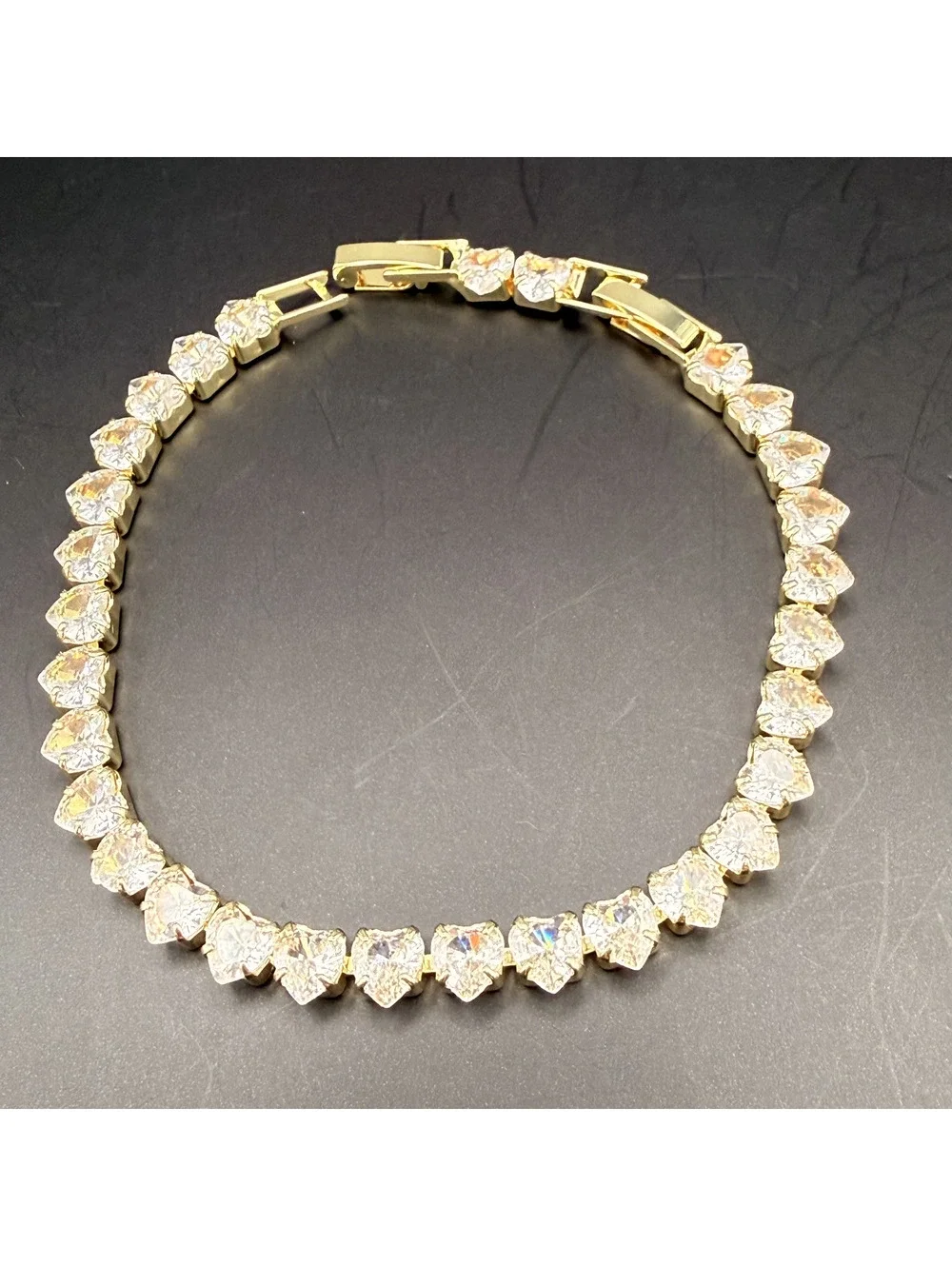 candy+clover clear heart crystal gold tone tennis bracelet